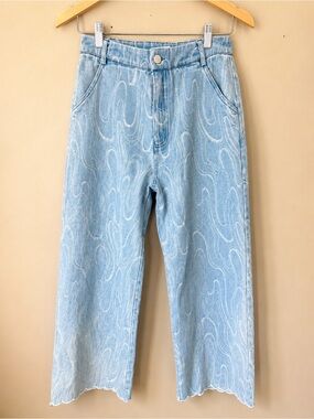 STORIA Women's Light Blue Jacquard Pattern Jeans with Scalloped Hem